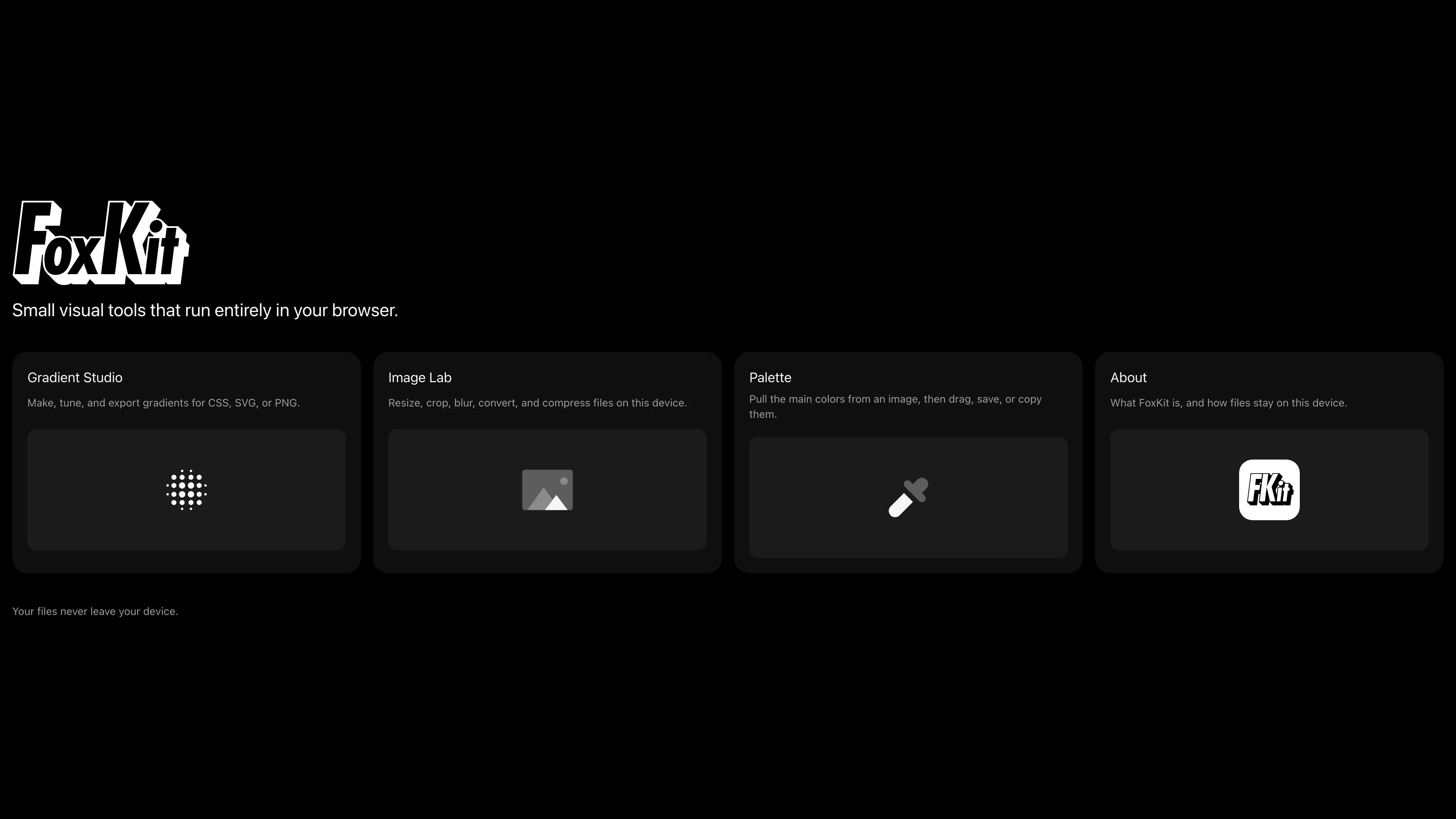 The FoxKit dashboard showing its visual tools